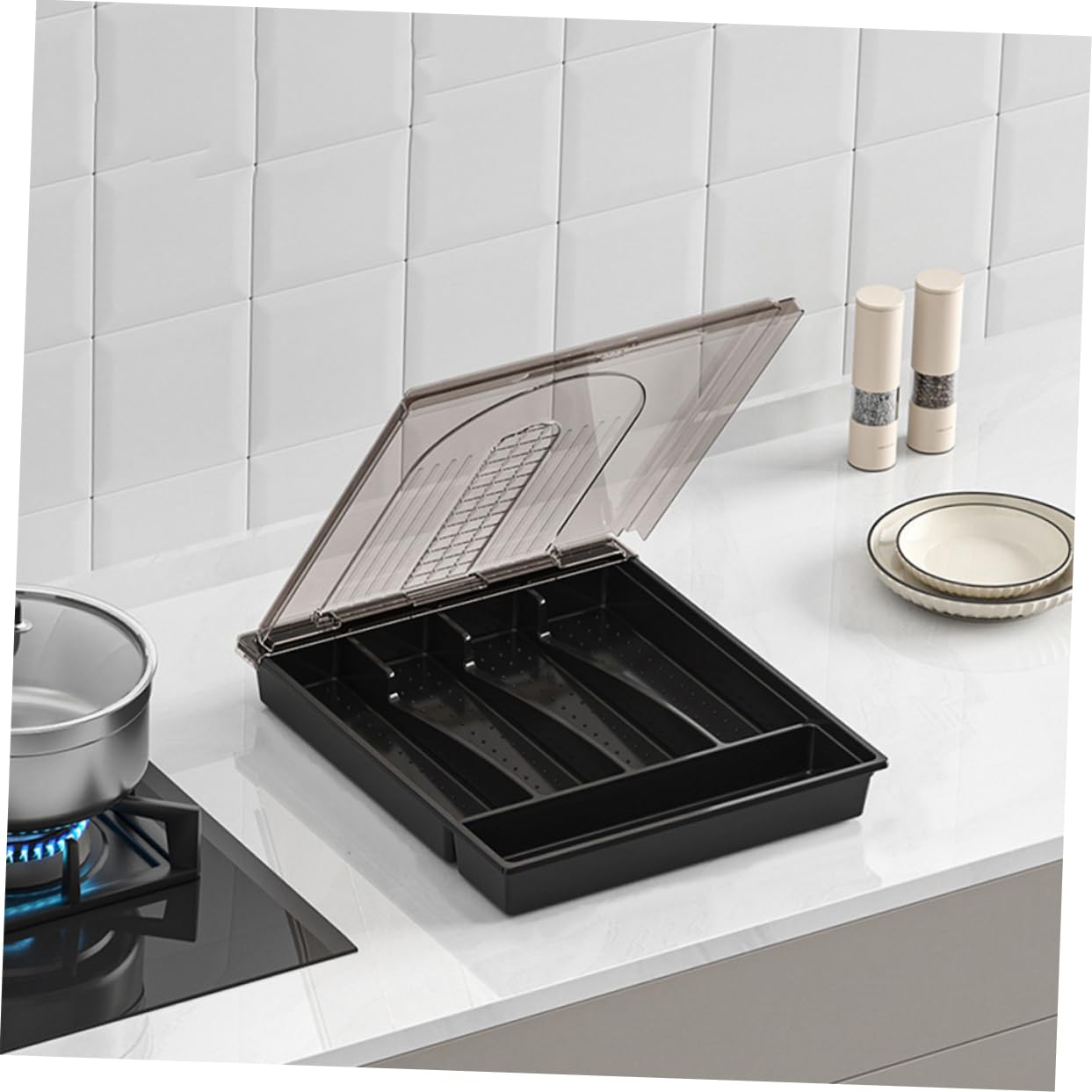 Contenedor de Cubiertos Dividido Negro de PP y Pet para Cocina