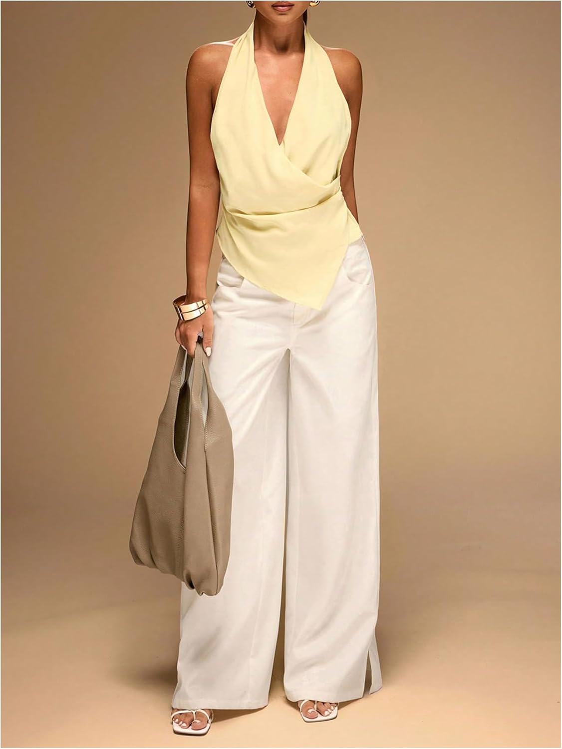 OYOANGLE Women's Y2K Draped Halter Tops Asymmetrical Hem Sleeveless Backless Wrap Front Going Out Tank Top - Image 5