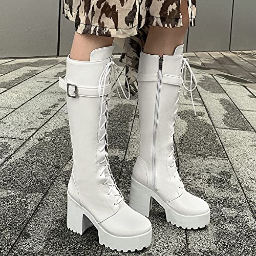 Trendenzy Women's Gothic Knee High Boots Platform Chunky Lace Up Combat Buckle Boots3