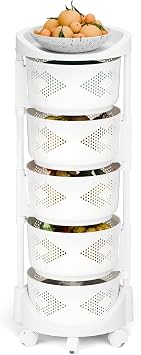 hatleues Kitchen Storage Rack Cart, 5 Tier Round Rotating Basket, Rolling Cart with Top Lid, Fruit Vegetable Storage Shelves on Wheels, Rotating Basket for Kitchen Bathroom White Five Layers