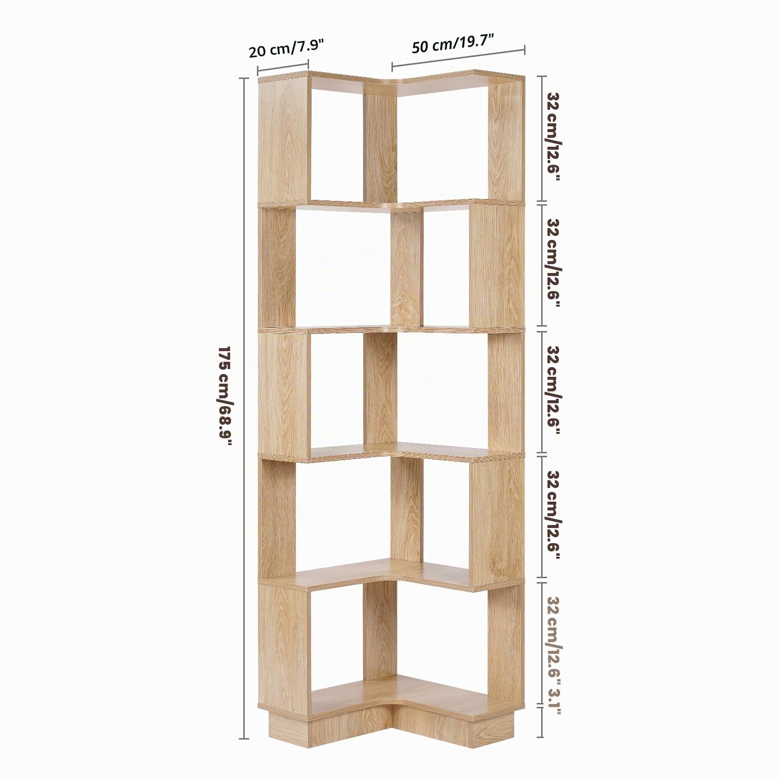 uyoyous Estantería esquinera de 5 niveles, de pie, 175 cm de altura, de madera, gran estantería abierta, estantería de almacenamiento, armario de esquina para salón, dormitorio, estudio y oficina
