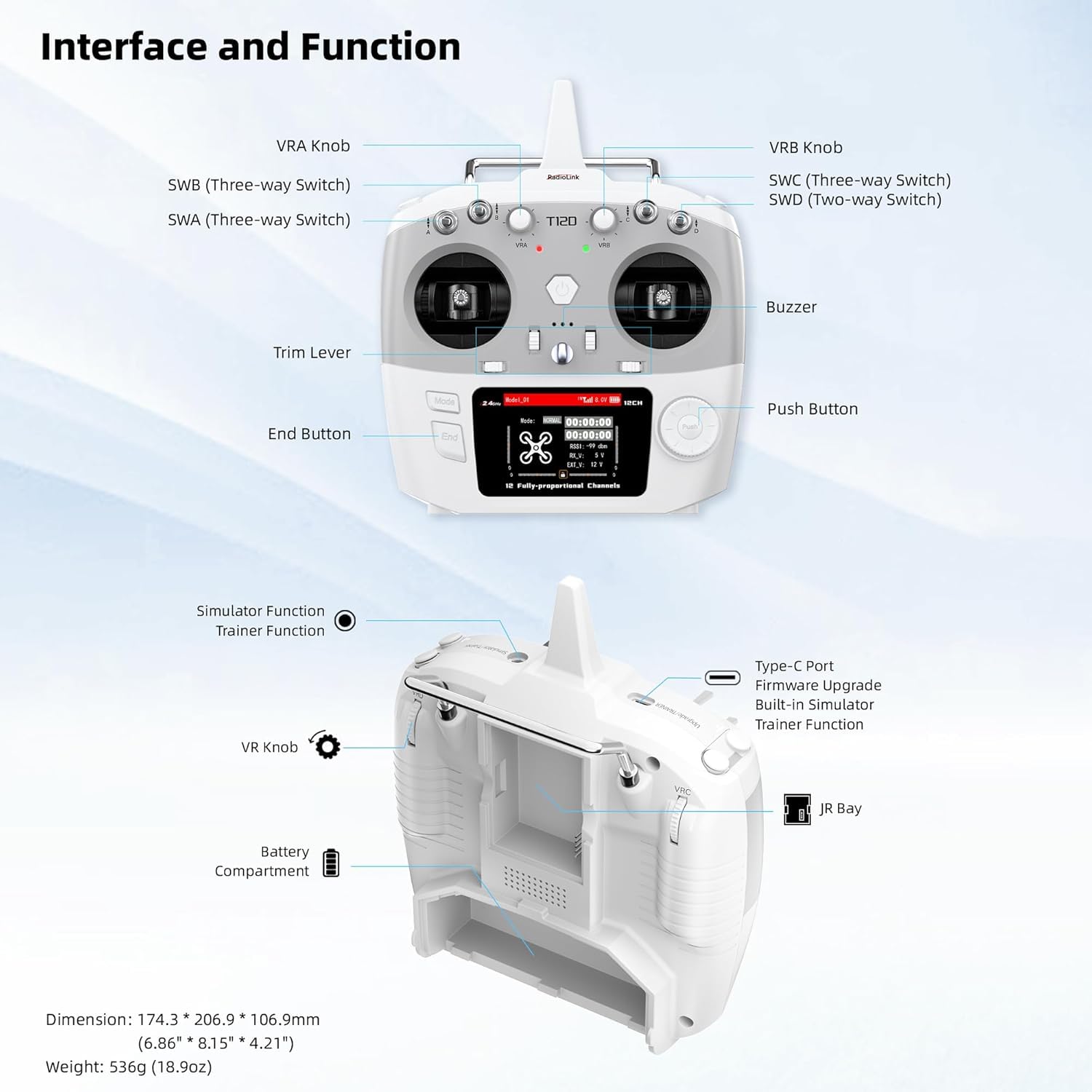 Radiolink T12D V2 12CH RC Fernsteuerung & R12F Empfänger Set, 2.4GHz Fernbedienung mit 4km Reichweite, 50 Modellspeicher, Unterstützt ELRS/TBS Crossfire Modul für Drohne, Flugzeug, Auto, Boot (Mode 2)