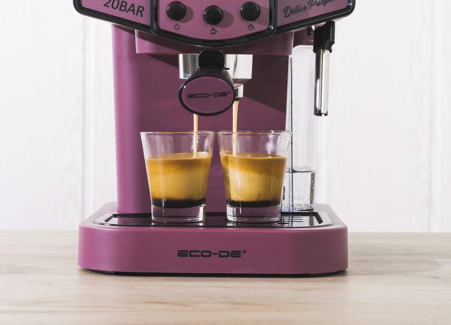ECODE® Cafetera Express con 20 Bares de Presión y 1050 W, Vaporizador, Deposito de 1.5L, Calientatazas, Termometro, Brazo Doble Salida, Dosificador con Prensador, Mono/Doble dosis - Delice Purple