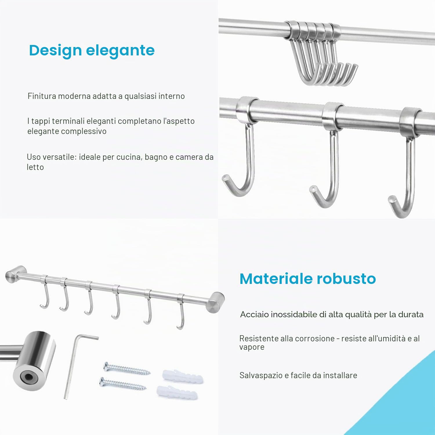 Intirilife Appendiabiti per la Cucina in Acciaio Inox con 6 Ganci mobili da forare - 35.8 x 3.4 x 2.2 cm - ringhiera Cucina Gancio Porta Utensili Cucina Asta Porta Bicchieri da Parete