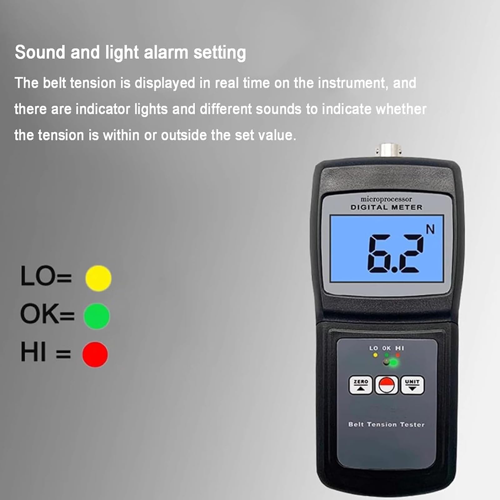 Digitales Gurtspannlehre, Messgerät mit Ton- und Lichtalarm, maximale Riemenbreite 36 mm, misst 0-77 kg/0-54.4 kg / 0-750 N, 4-Einheiten-Umrechnung