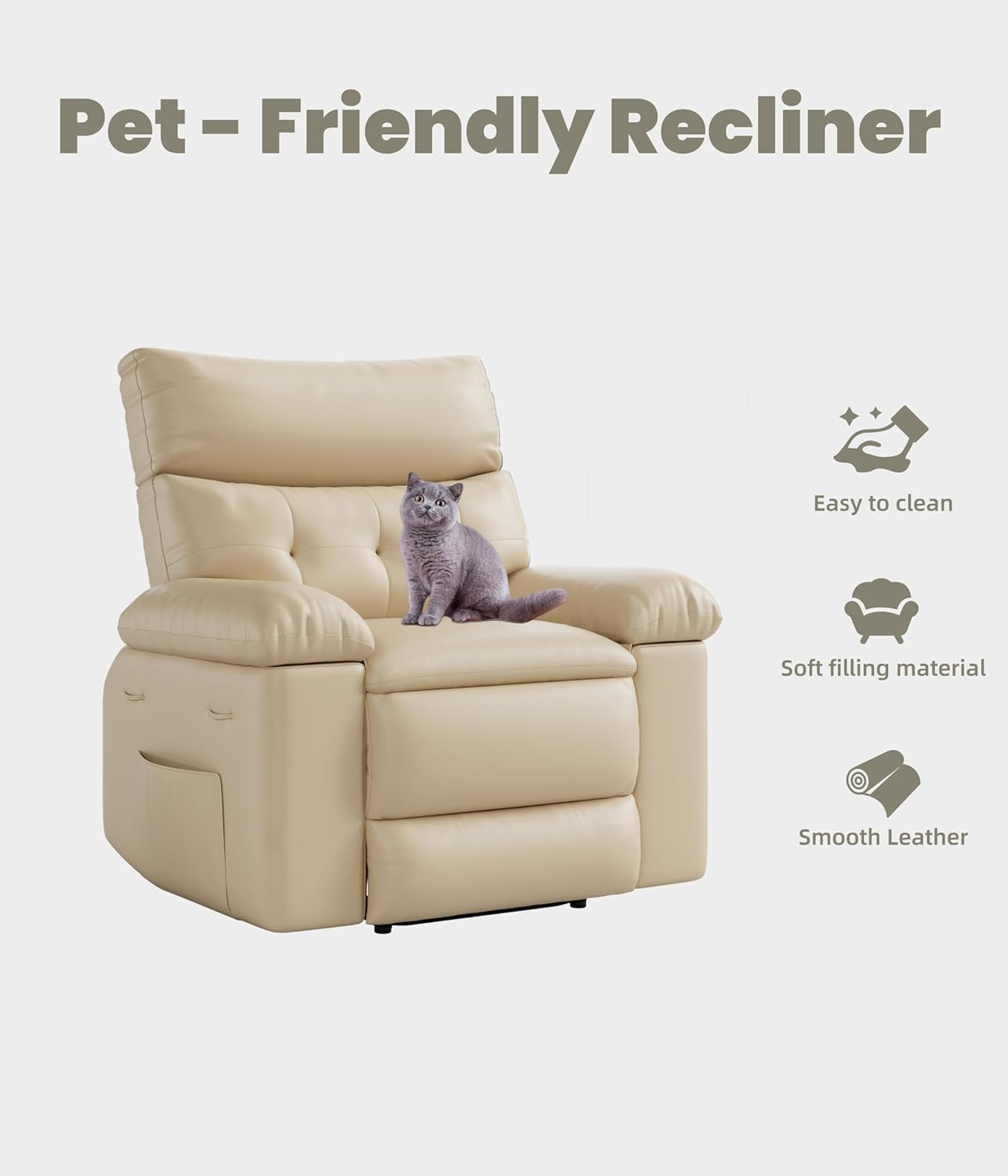Garvee Oversized Recliner Chair - PU Leather Manual Recliner for Adults, Comfy Reclining Chair with Overstuffed Arms and Back, Side Pocket, Single Sofa for Living Room, Bedroom