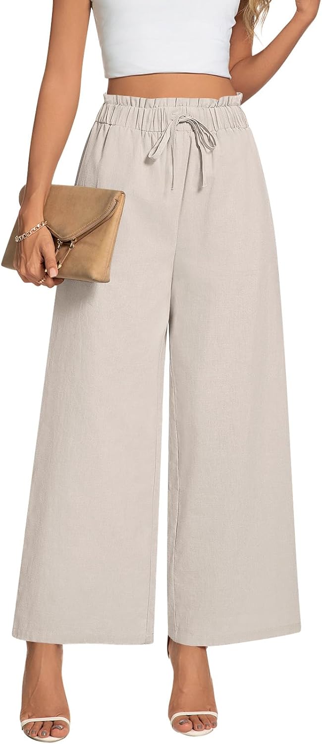 Anyally Women's Linen Summer Palazzo Pants Casual Flowy Wide Leg Drawstring High Waist Beach Trousers with Pockets - Image 4
