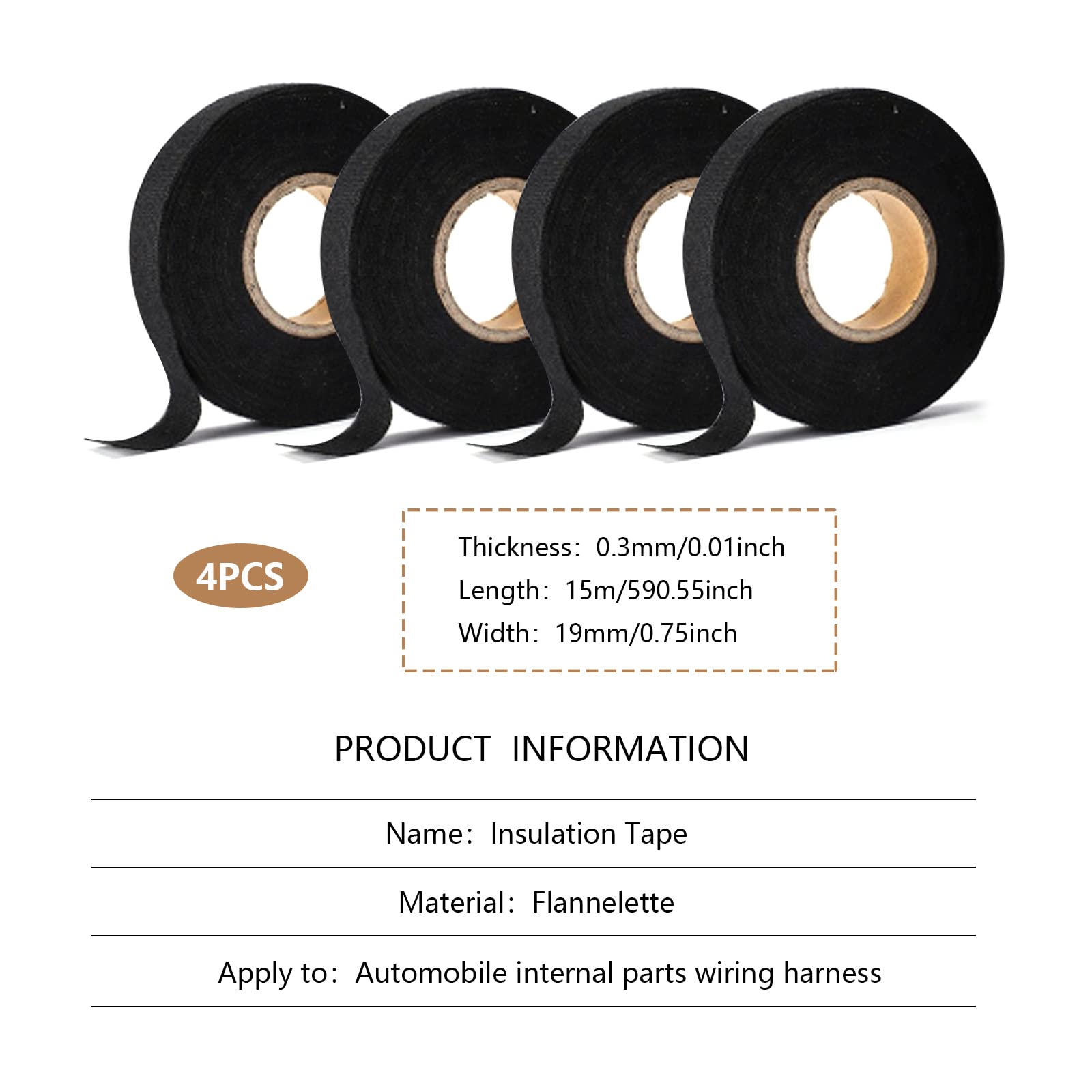 Nastro Tessuto Non 4 Pezzi Nastro Tessuto Nero Auto Nastro Isolamento, Nastro Cablaggio Automotive Nastro Elettrico, Nastro Antiscivolo per Casa, Auto Moto (19mm x 20m)
