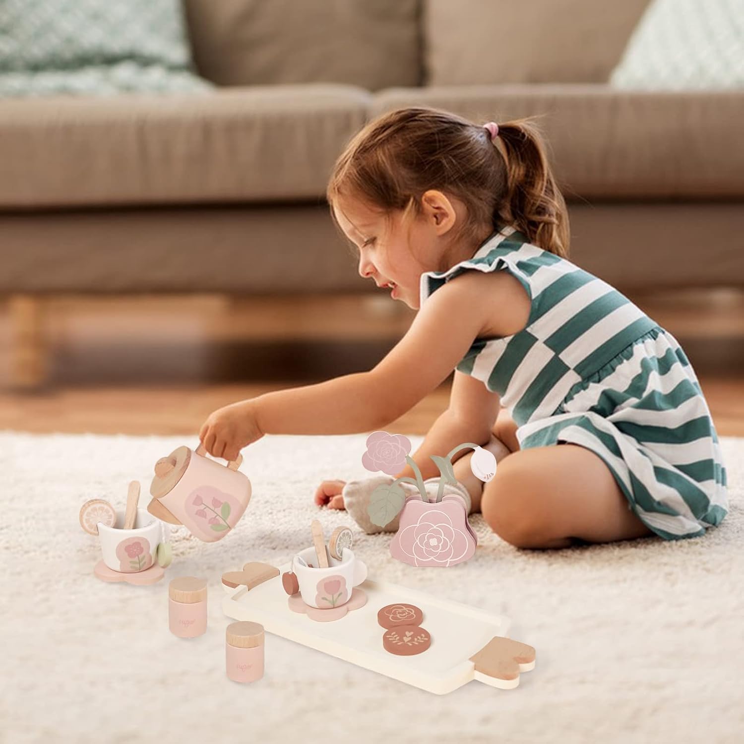 Service à Thé et à Dessert pour Fête de Filles 24PCS, Dinette Enfant en Bois Jouet Fille 3 4 5 Ans Accessoire Cuisine Tout-Petits Bois Jeux de Rôle de Tea Party Cadeau Rose