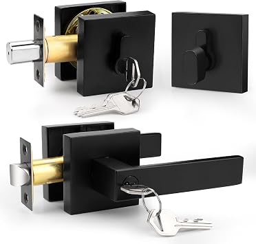 Probrico Matte Black Exterior Door Locksets with Deadbolt,Front Door Entry Handle and Single Cylinder Deadbolt Set, Square Door Lever with Keyed One Side Deadbolt Lock, 1Pack