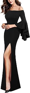 Womens Off Shoulder Bell Sleeve Formal Evening Wedding Party Maxi Dress