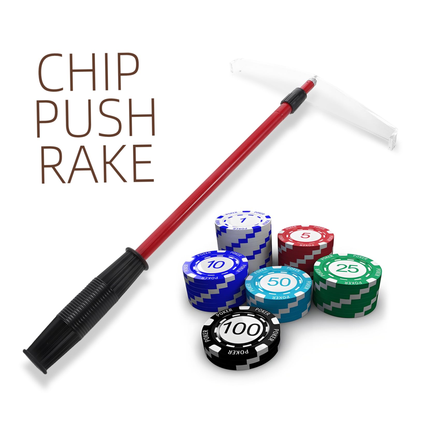 Râteau Confortable en Poker de Acier Jetons Télescopique et Pratique Acrylique à Tenir Accessoire Rouge Jeux de Poker et Réunions Familiales