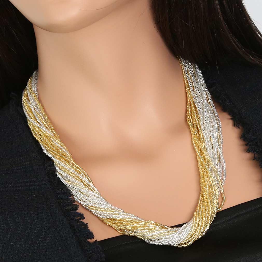 Glass Of Venice Murano Glass Gloriosa 24 Strand Seed Bead Necklace - Gold and Silver