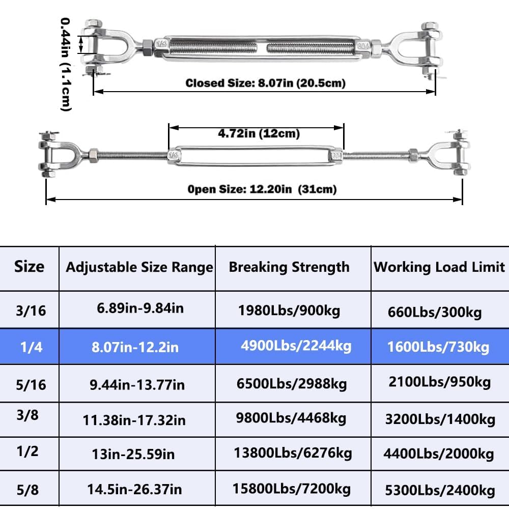 Lot de 4 tendeurs en acier inoxydable 304 1/4 M6 - Limite de charge de travail de 725,7 kg - Tendeur de câble pour câbles - Tendeur de fil pour voile d'ombrage, tyrolienne de cour