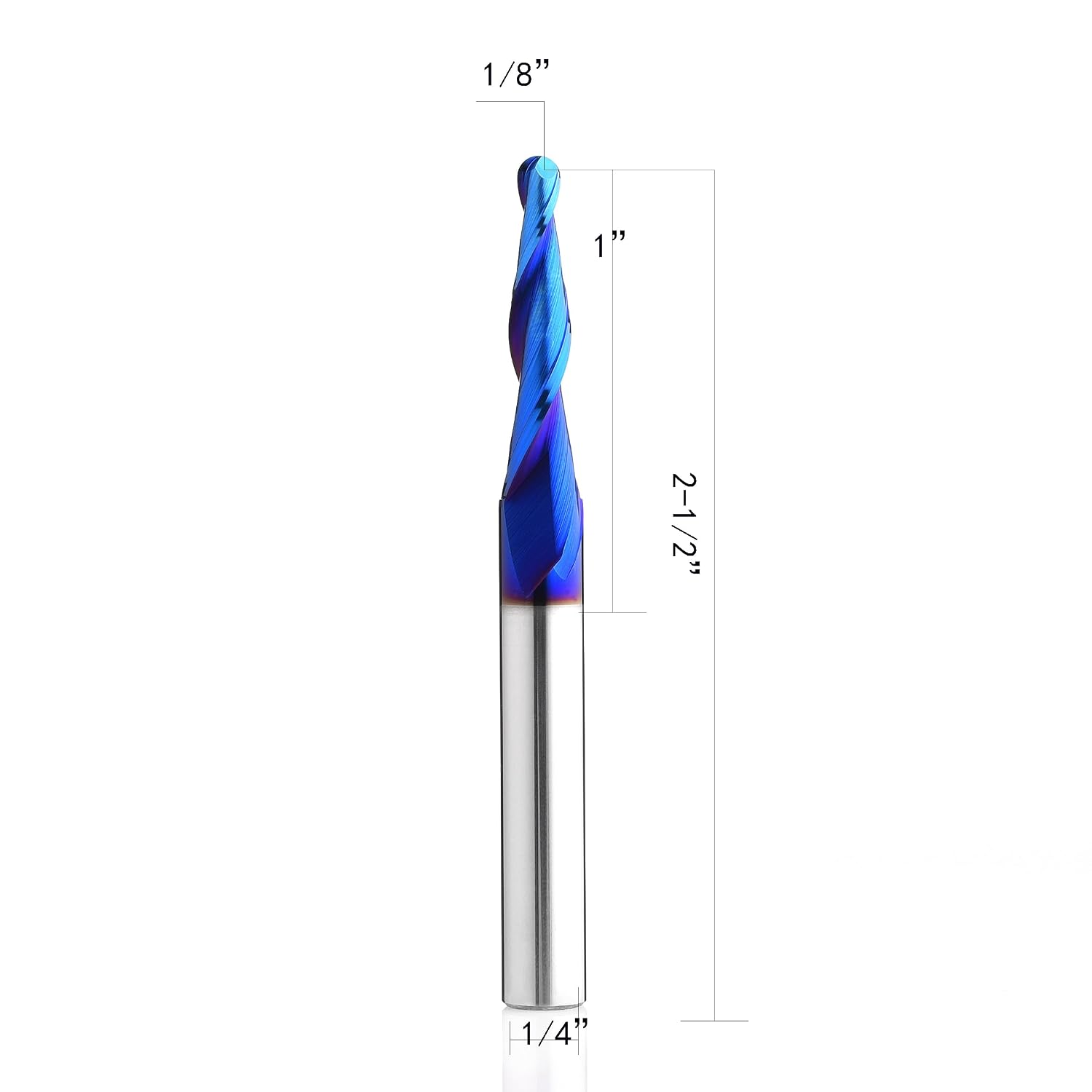 3.6Deg Tapered Ball Nose Upcut CNC Spiral Router Bit 1/4 Inch Shank NACO Coated 2 Flute End Mill for 3D&2D Carving Engraving STQ438 (1/8Dx1CHx1/4SHKx2-1/2L)