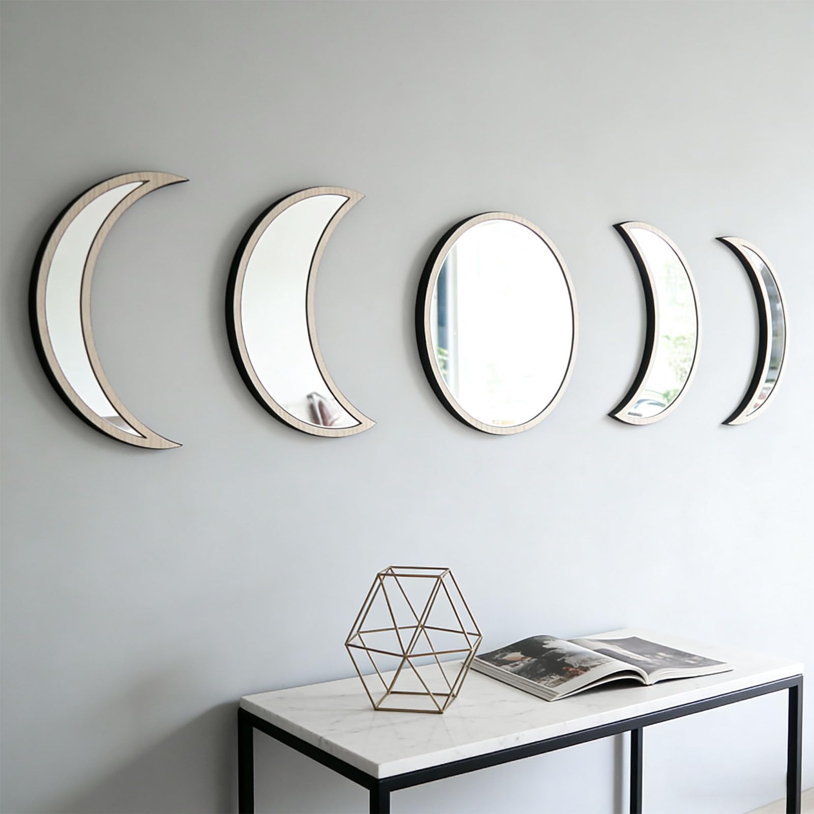 LXTaoler 5 Pcs Moon Phase Mirror Set, Acrylic Wooden Moon Mirror Decorative Mirrors No Punch Boho Wall Decor for Aesthetic Home Living Room Bedroom Decor (Natural)