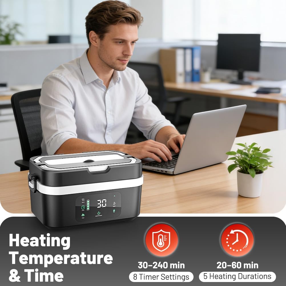 30000mAh Cordless Electric Lunch Box for Adults, 6.3 Cups Capacity, Rechargeable Battery Powered with Automatic Scheduled Heating, Portable Food Warmer for Men Women Hot Meal Anywhere