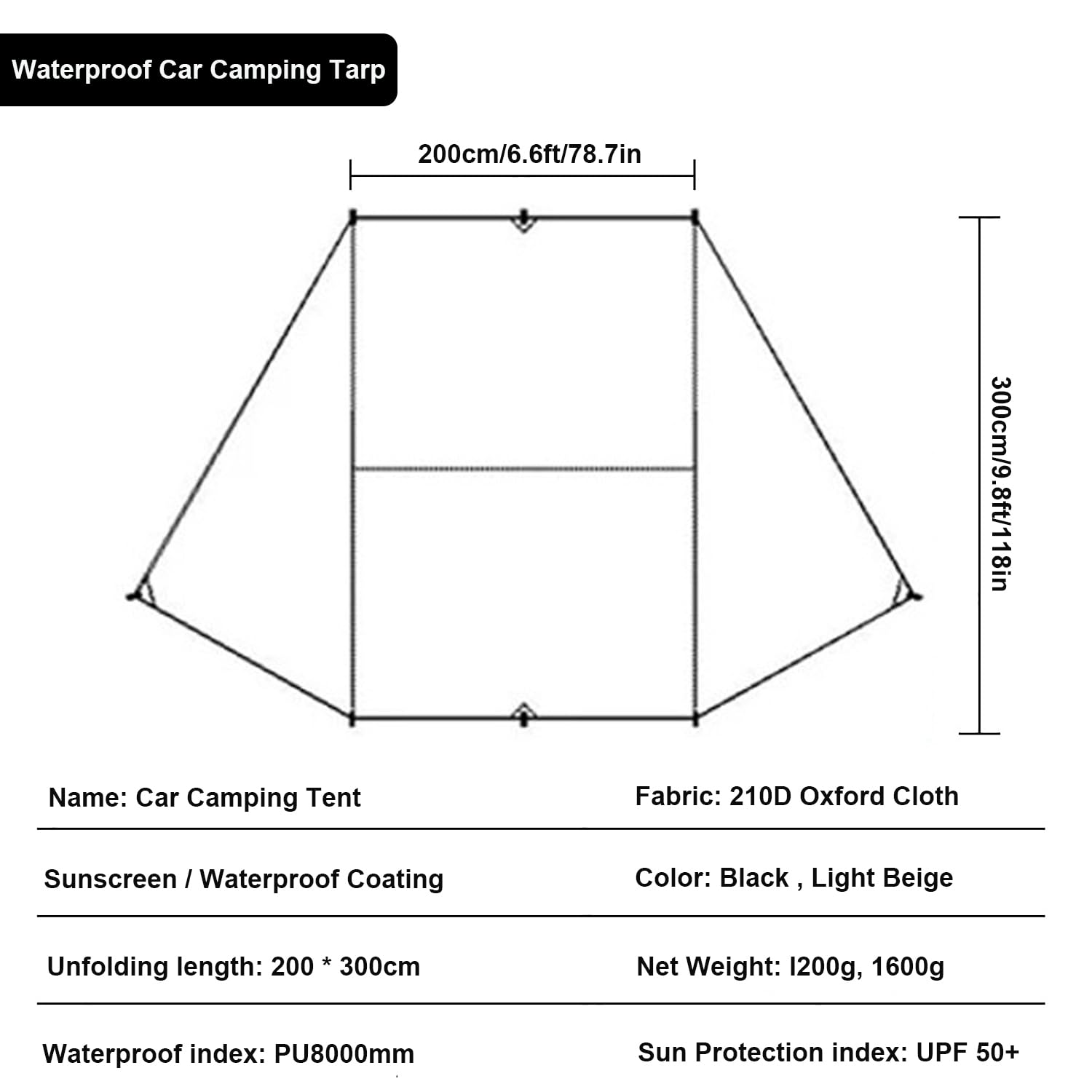 SUV-Hecktür-Zelt - 200x300cm, Schwarz Universelles Camping-Auto-Markise, Sonnensegel Wohnwagen Wasserdicht 8000mm & UPF 50+,Tragbares Heckklappenzelt, Auto Camping Ausrüstung