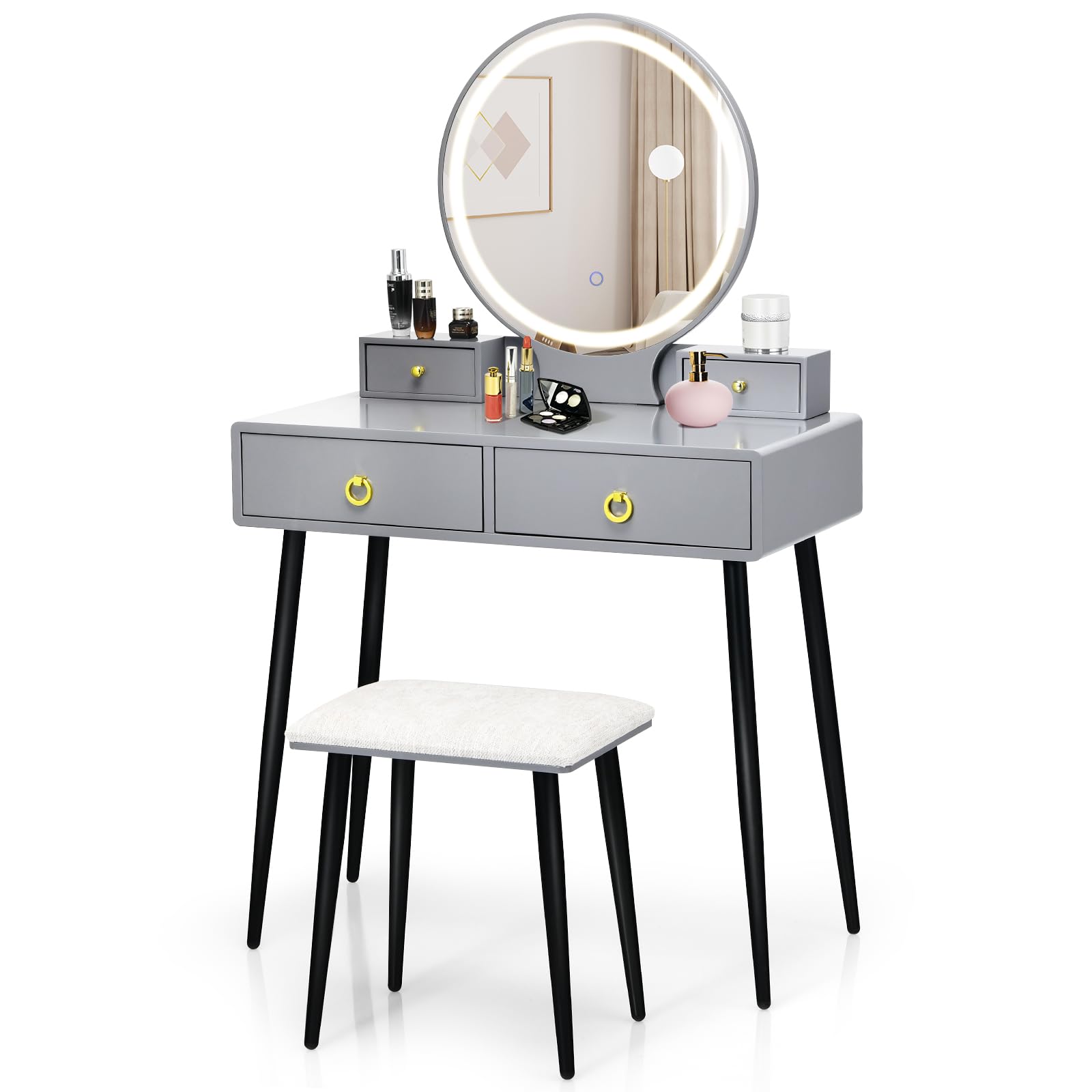 COSTWAY Vanity Table Set with Mirror and Lights, Makeup Dressing Table w/ 3 Color Lighting Modes & Adjustable Brightness, Vanity Mirror with Desk and Cushioned Stool for Women Girls (Grey & Black)