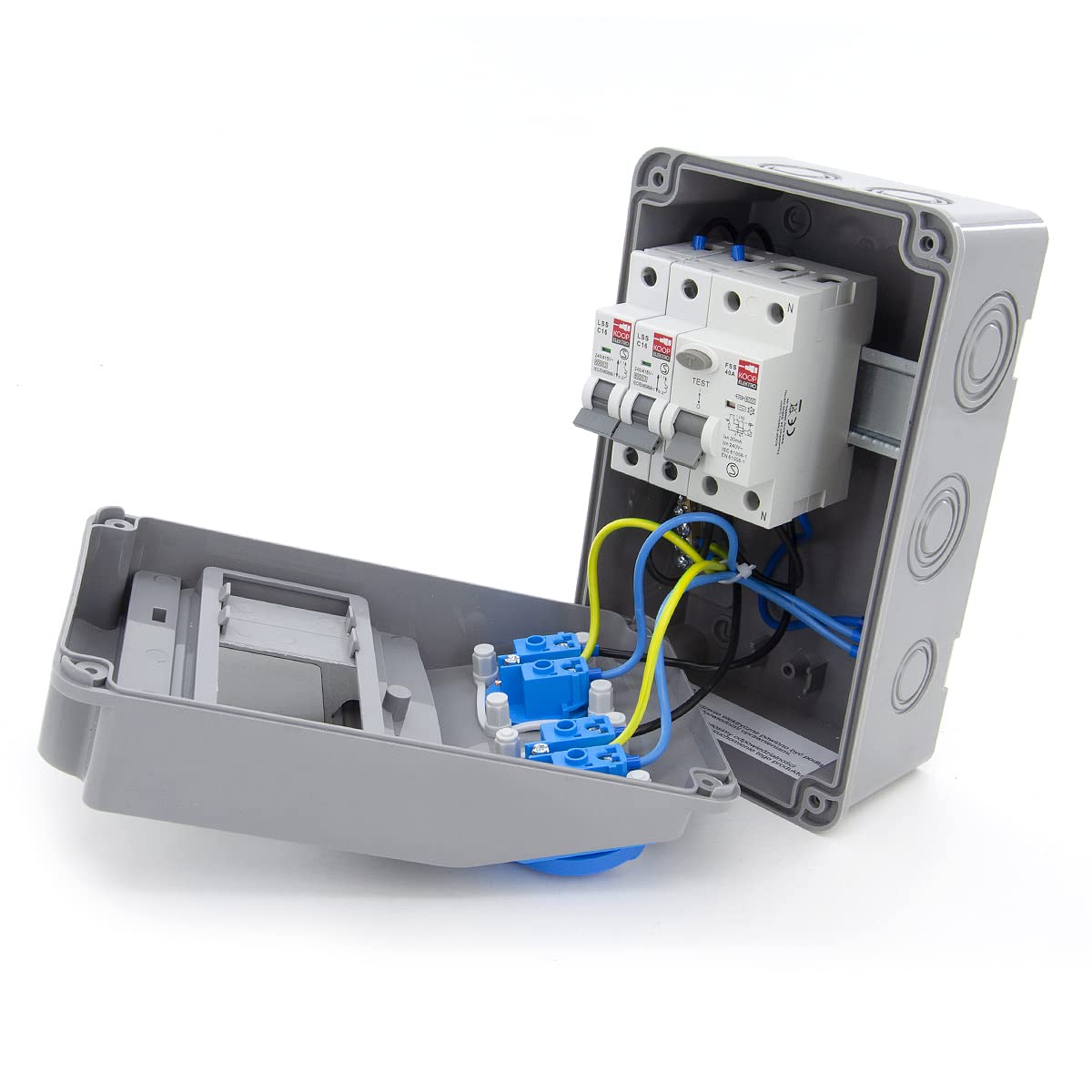 ELS Elektrotechnika Distribuidor de enchufes Schuko 2 x 230 V + fusibles, 2 x LS C16 + FI40, cable y listo para conectar, para interiores y exteriores, IP54