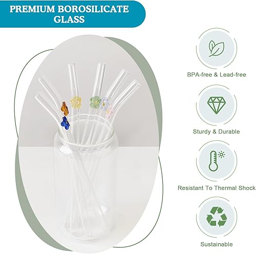 Miniatura 3 de DUMING-IN 6 Pcs Glass Straws with Charms, 8.3''x10MM Cute Flower Glass Straws Shatter Resistant, Clear Reusable Straws Dishwasher Safe for
