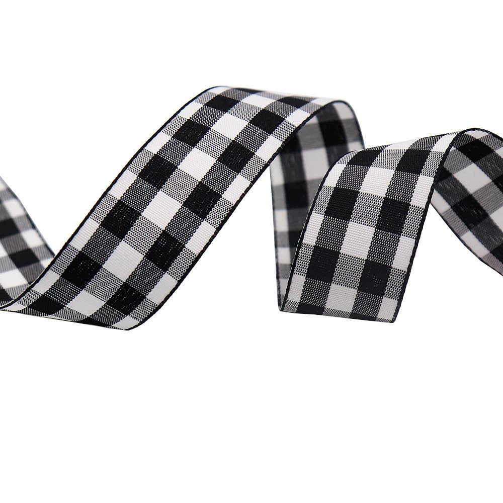 Tartan Ribbon, 25mm x 9M Black Watch for Christmas Valentine's Day Scene Decoration(Black and White)