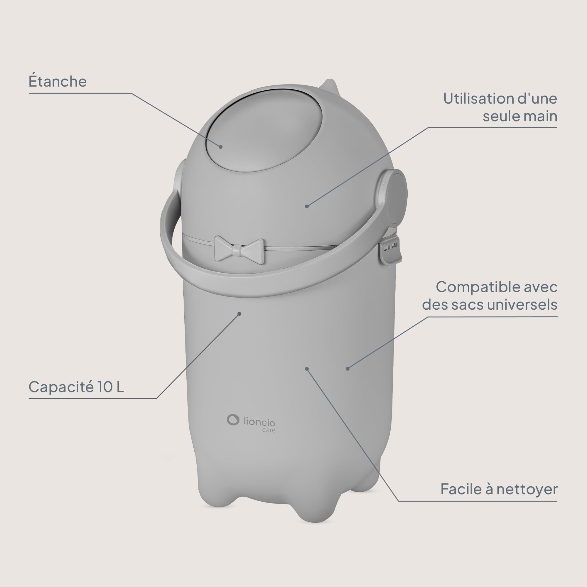 lionelo Purebin – Poubelle à couches anti-odeurs pour sacs universels (sans cassette), ouverture d'une seule main, 10 L – conteneur hygiénique pour la chambre de bébé (Grey)