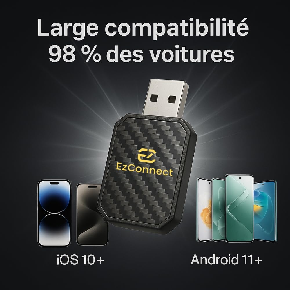 Officiel - Carplay sans Fil - Adaptateur carplay sans Fil - pour Apple CarPlay/Android Auto- Bluetooth 5.3 et WiFi 6, sans décalage, Plug and Play, Connexion Automatique.