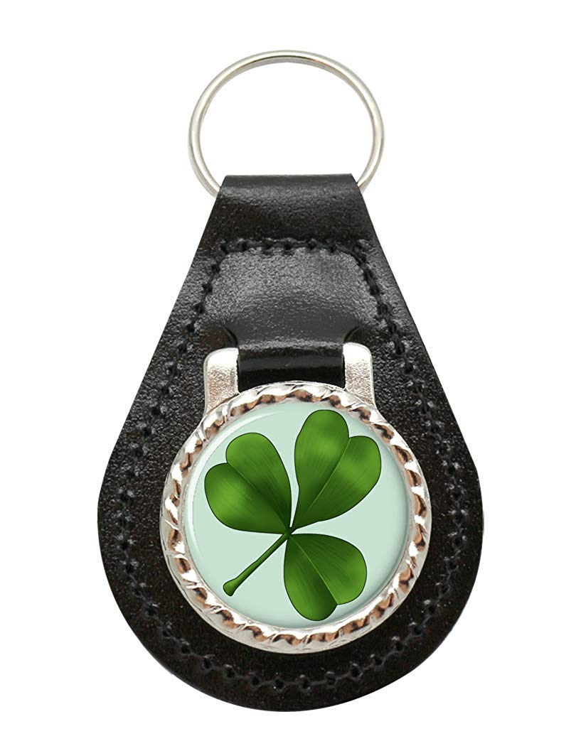 Giftshop Uk Unisex Black Leather And Silver Metal Lucky Irish Shamrock Leather Key Fob
