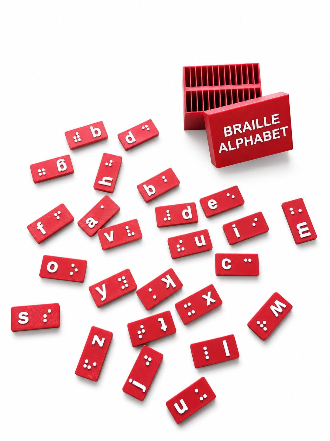 Braille Alphabet Learning Toy Set for Blind & Visually Impaired Kids, Tactile Braille Letter Cards with Storage Box, Montessori Sensory Educational Toy, Orange (Low-Case Red)