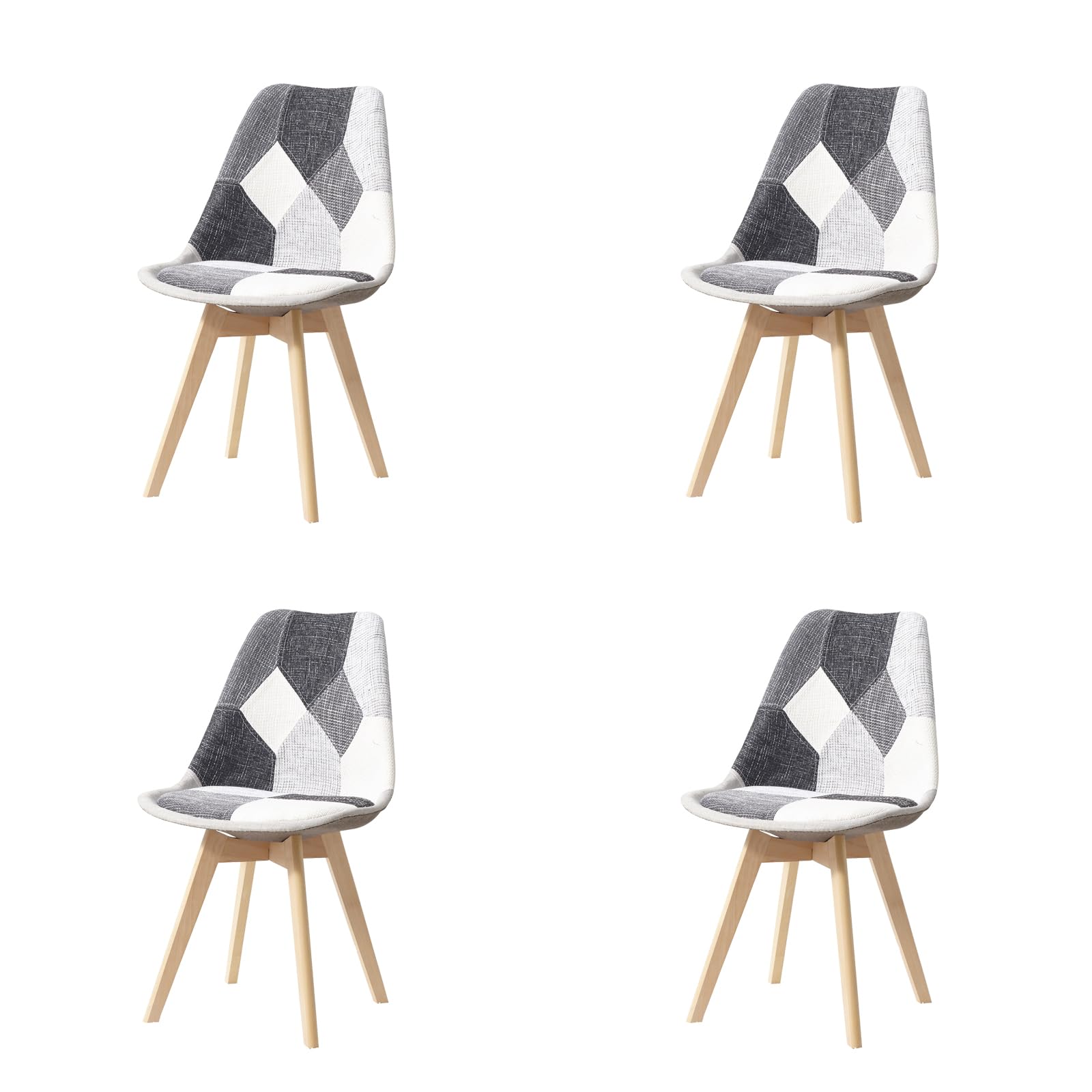 HJhomeheart Set di 4 Sedie da Pranzo in Tessuto Patchwork con Cuscino del Sedile e Gambe in Legno Massello per Sala da Pranzo, Soggiorno, Cucina, ecc. (Grigio Patchwork)