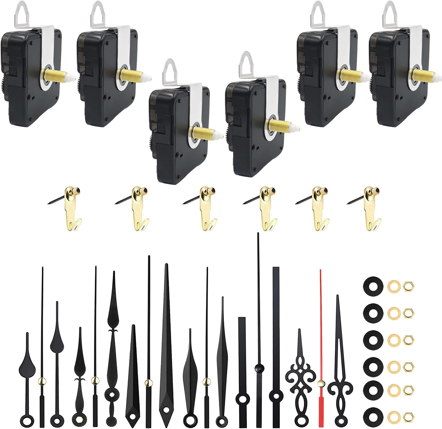 6 Pieces Quartz Clock Movement, Clock Mechanism kit with Clock Hands Parts, High Torque Long Shaft Clock Movement Mechanism for Replacement Repairing Clock Accessories
