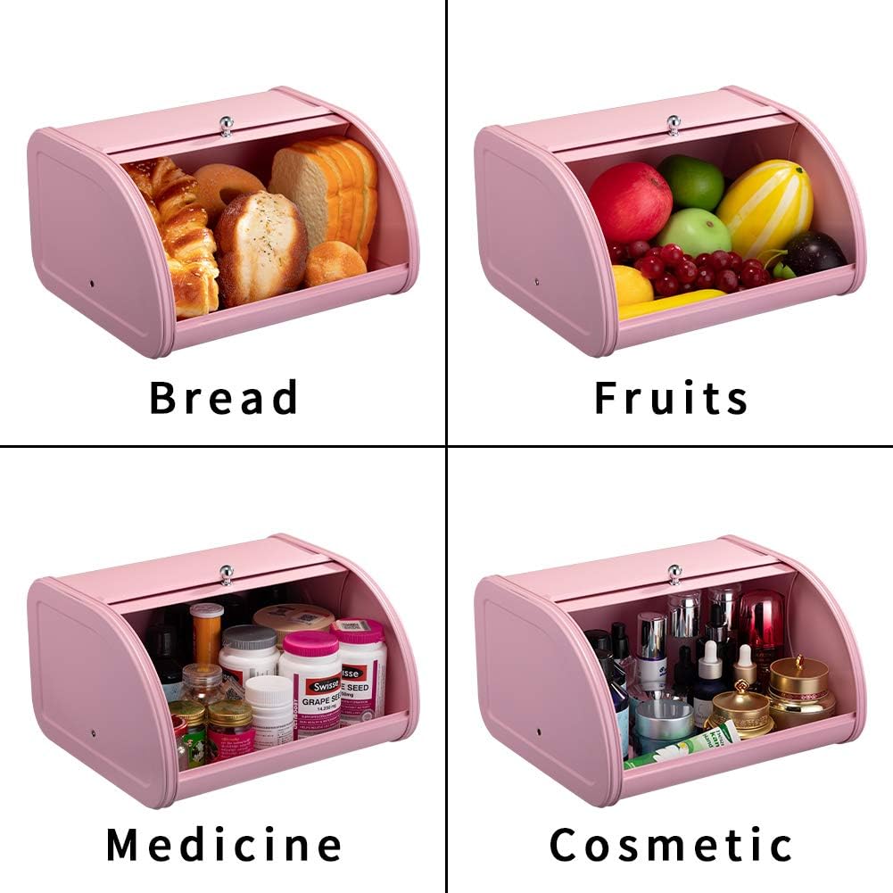 HollyHOME Bread Box Bin For Kitchen Counter Farmhouse with Stainless Steel Roll Up Lid For Easy Kitchen Counter Storage Bread Bin Holder Pink 12.01" x 10.24" x 6.89"