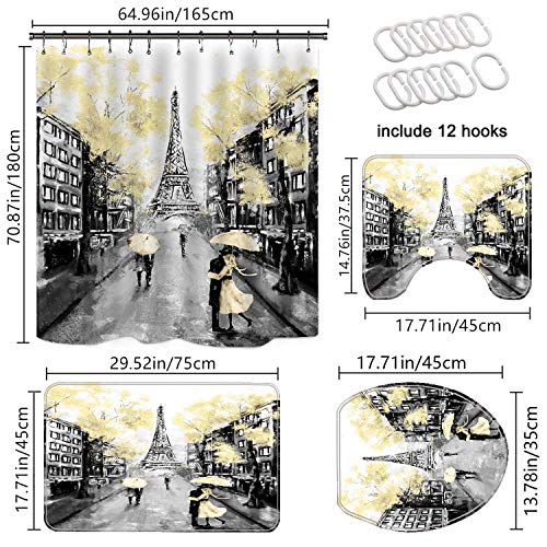 Jefuzh 4 Piece Yellow Black Paris Eiffel Tower Funny Bathroom Decor Retro Street Curtain Bathroom Accessories Sets Rugs Toilet Lid Art Shower Curtains Non-Slip 12 Hooks #TOP1