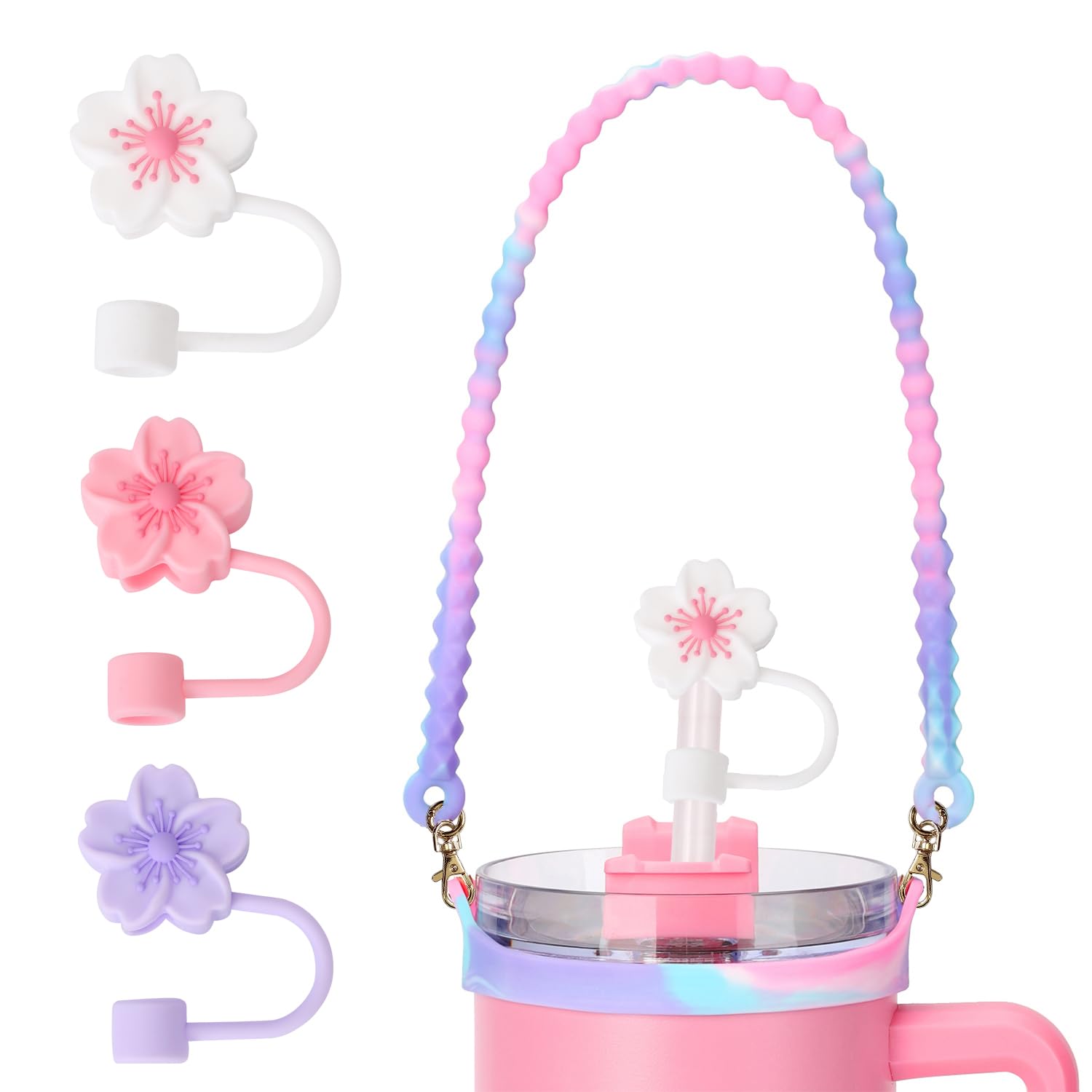 Eoopoon 1Pcs Water Bottle Handle and 3Pcs Straw Cover Caps for Stanley Cup, Silicone Water Bottle Sling, 0.4in Silicone Straw Covers for Stanley 30&40 Oz Tumbler, Stanley Cup Accessories(Mix Pink)