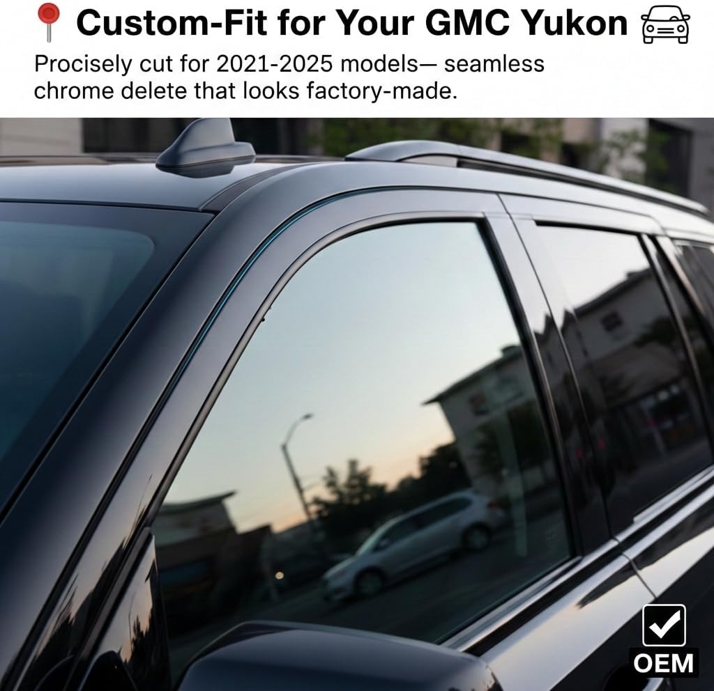 Fit for 2021-2025 GMC Yukon Side Window Chrome Delete Trim Overlay Kit with Gloss Black Blackout Film