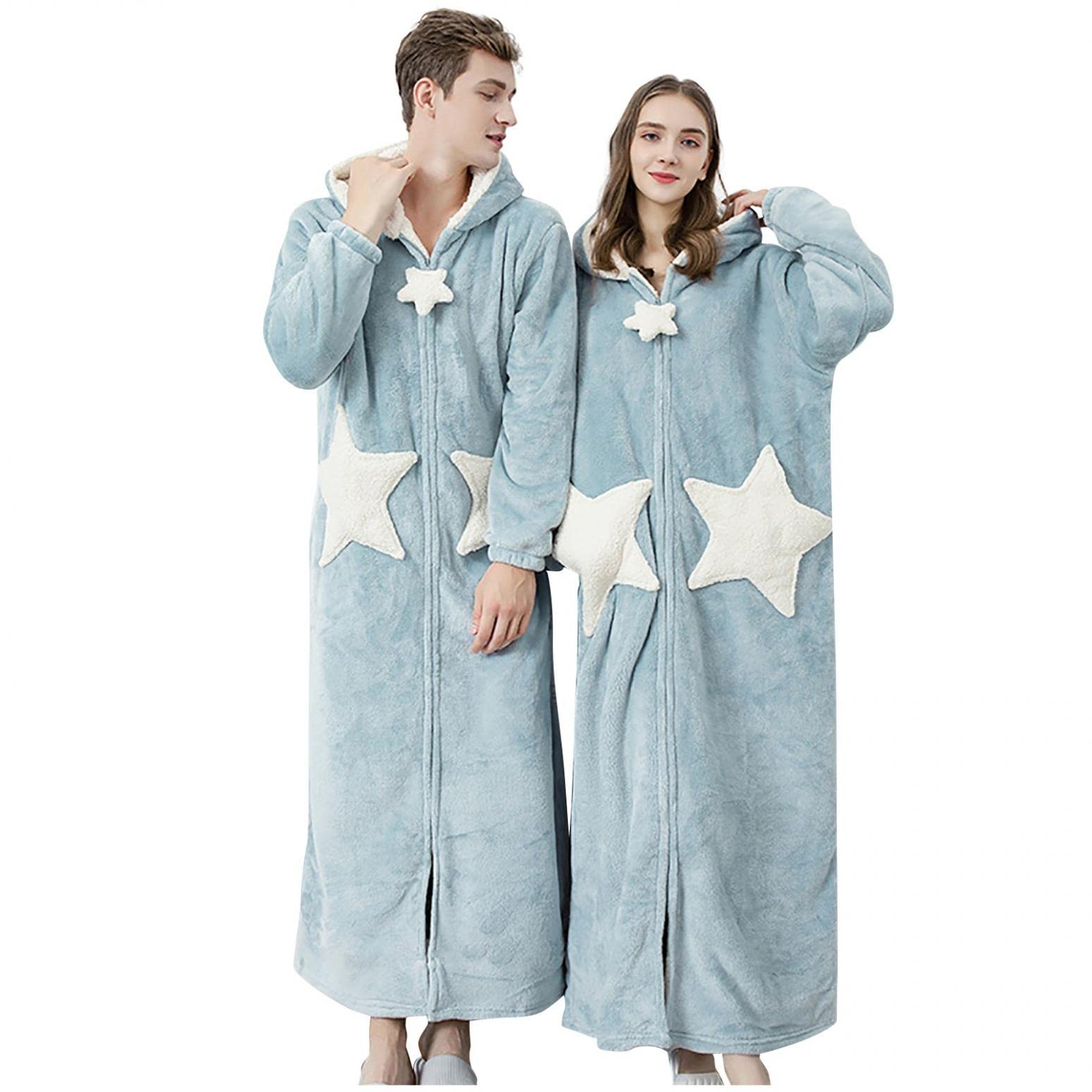 IQYU Albornoz de mujer con cierre de cremallera, bata de rizo para mujer, largo, mullida, de algodón, cálido, de rizo, de manga larga, para sauna, Ablau., XL