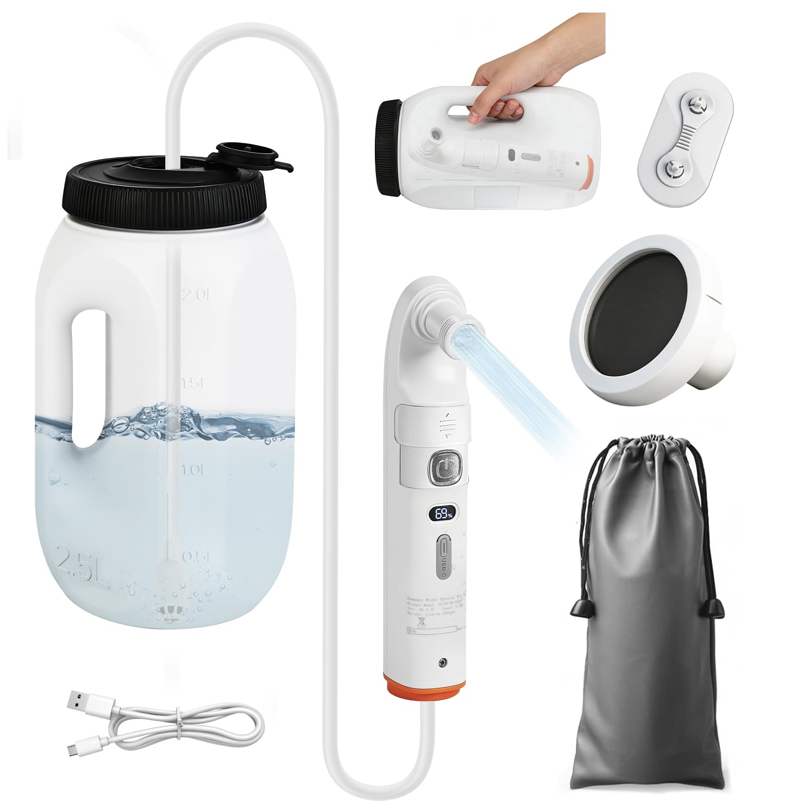 Douche portable de camping - Réservoir d'eau de 2,5 l avec deux buses - Douche de bidet électrique - Jet d'eau réglable USB-C - Rechargeable - Idéal pour les personnes âgées, les femmes enceintes et