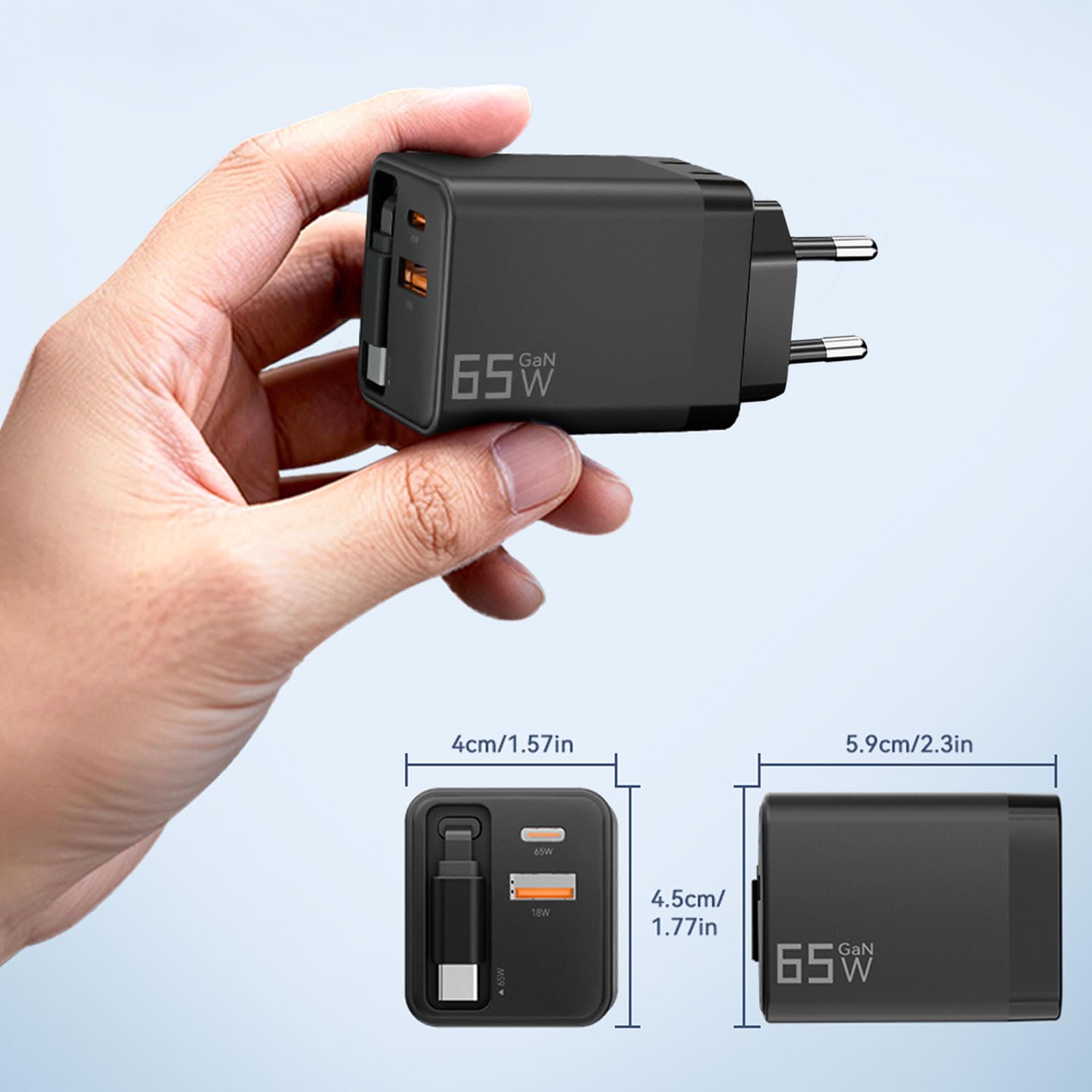 keepdrum GaN65 - Caricatore rapido USB a 3 porte, 65 Watt | Tecnologia GaN, 3 porte USB, 65 Watt di potenza, ricarica rapida