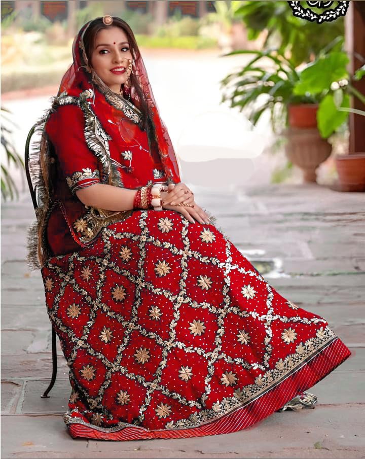 Image of Heavy Embroidery Work Semi Stitched Shimmer Silk Rajputi Poshak For Women Rajasthani Lehenga Choli