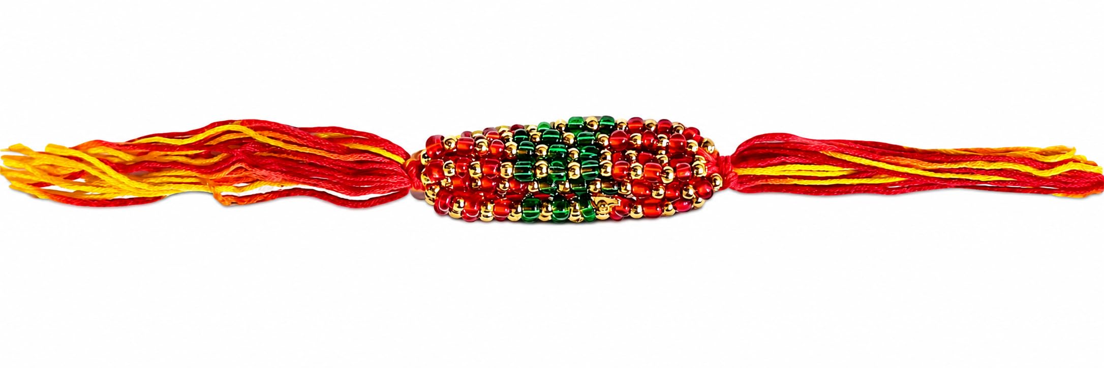 Beaded Rakhi with Tassel Threads, Red Green and Gold-image-23