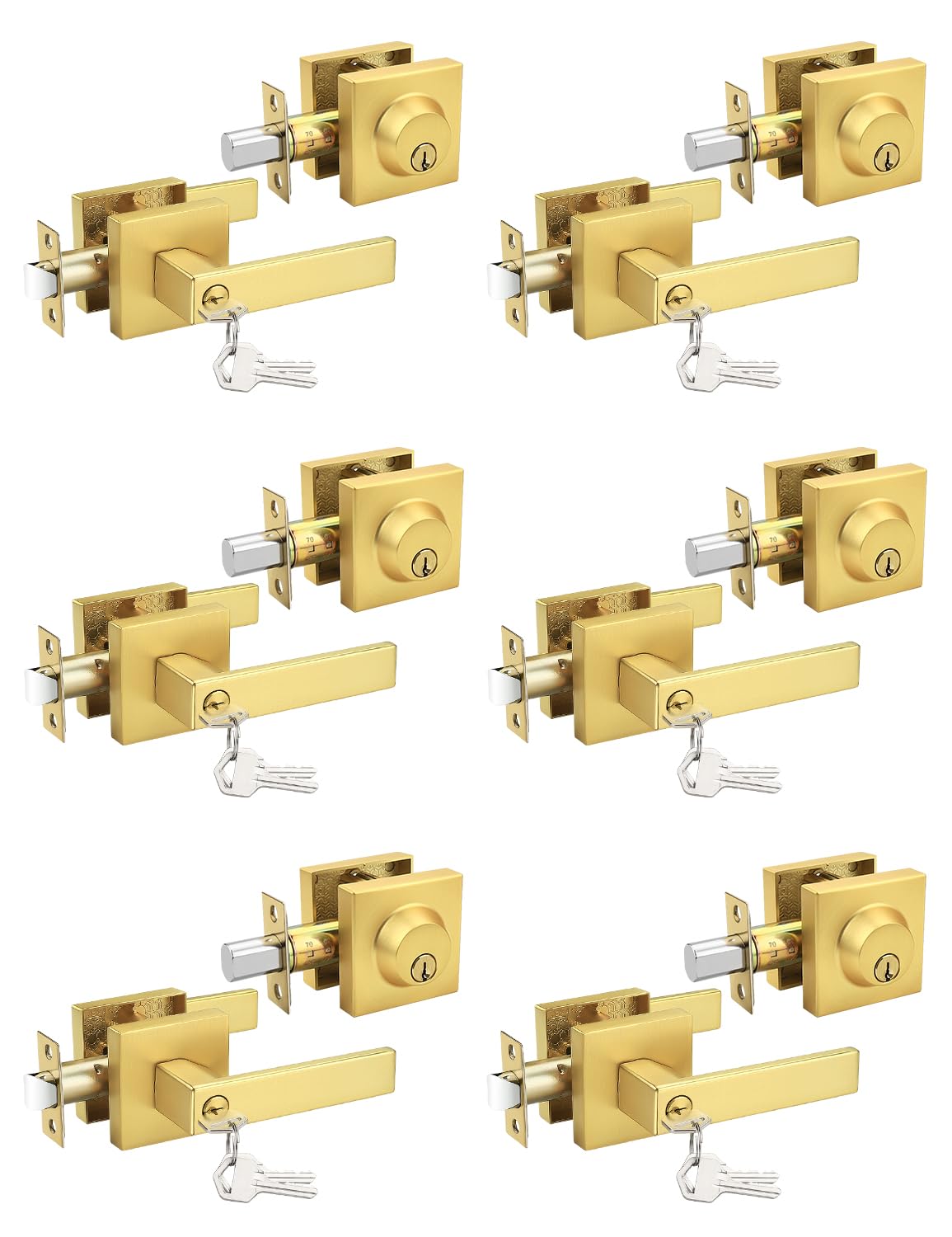 Tinewa Confezione da 6 maniglie per porte anteriori/esterne con serratura a cilindro singolo, in ottone satinato, set combinato, per porte d'ingresso/porte anteriori e da ufficio