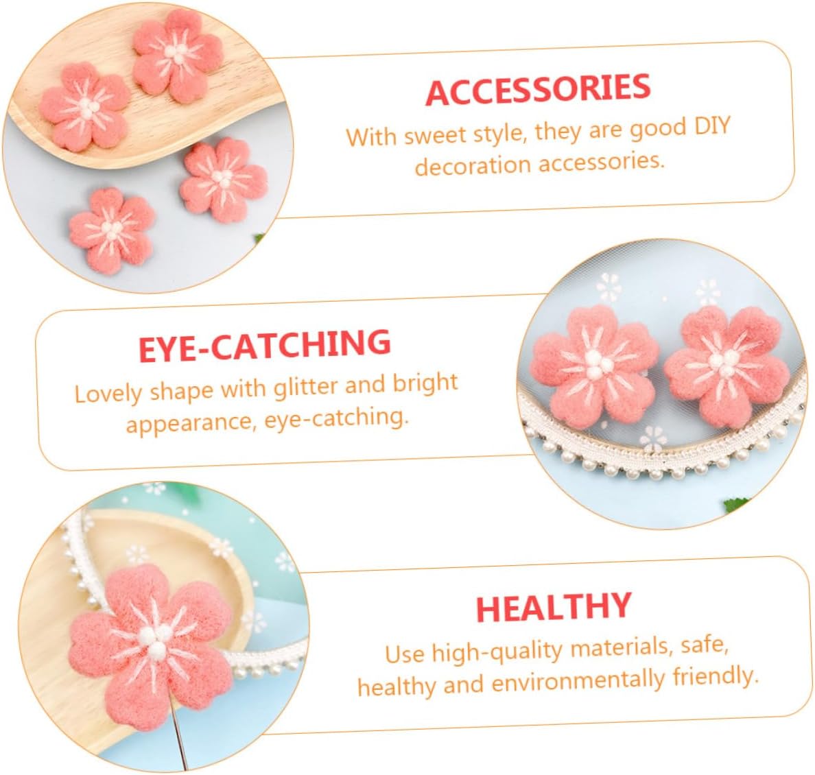 KALLORY 10pcs Handmade Wool Felt Cherry Blossom Flower Appliques for Jewelry Hair Accessories and Garment Decoration for Craft Projects and Photography Props