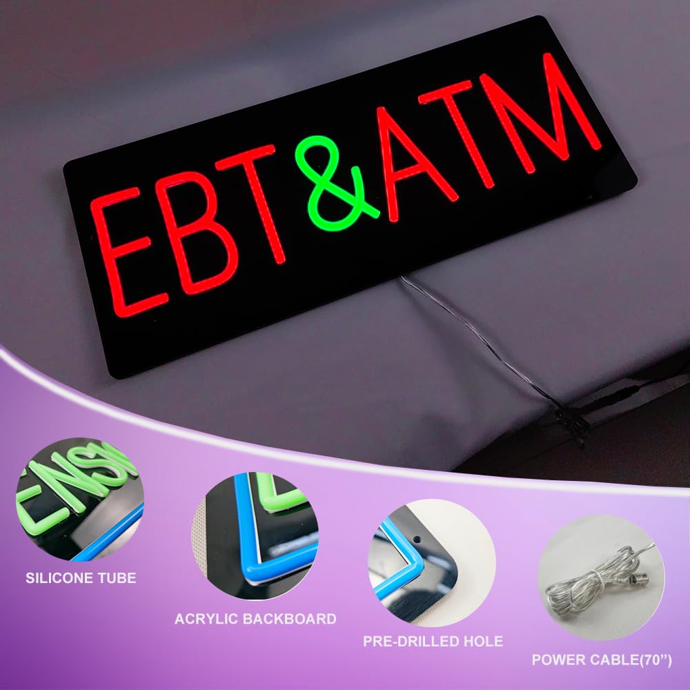 Neonowy znak EBT i ATM dla firm, neonowy znak LED do EBT i ATM zasilacz 12 V, neonowy znak świetlny do sklepu EBT i bankomatu, dekoracja okna sklepu, 48 cm x 20 cm