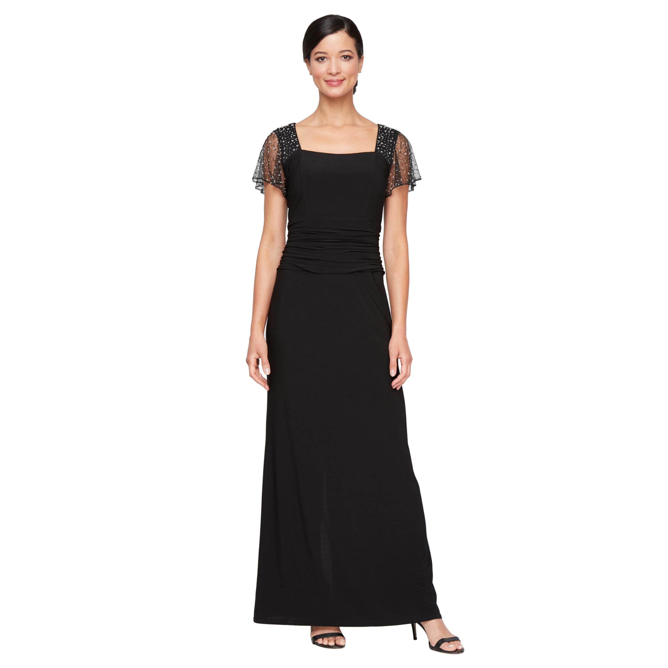 S.L. Fashions Women's Long Length Ruched Waist Formal Evening Dress with Beaded Illusion Sleeves