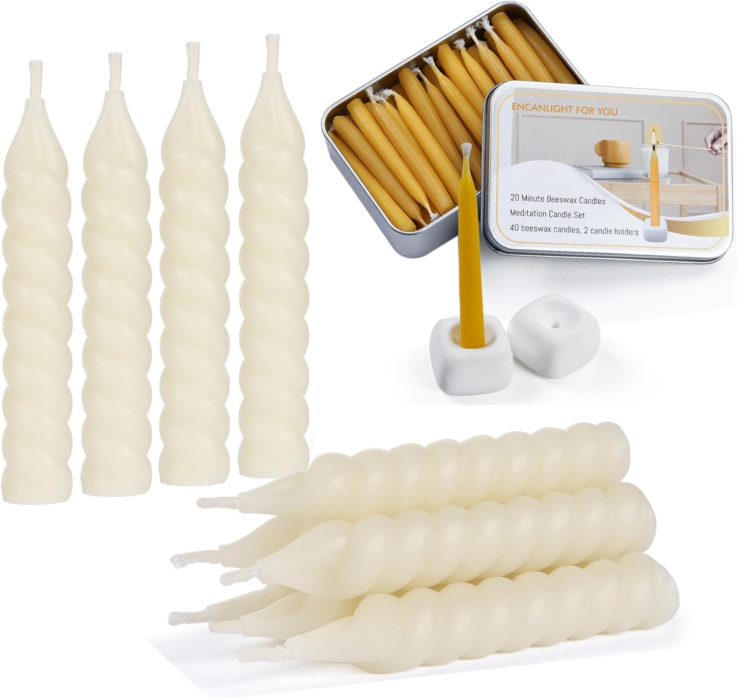 5 Inch Spiral White Beeswax Taper Candles 10 Pack and 20 Minutes Meditation Beeswax Candles