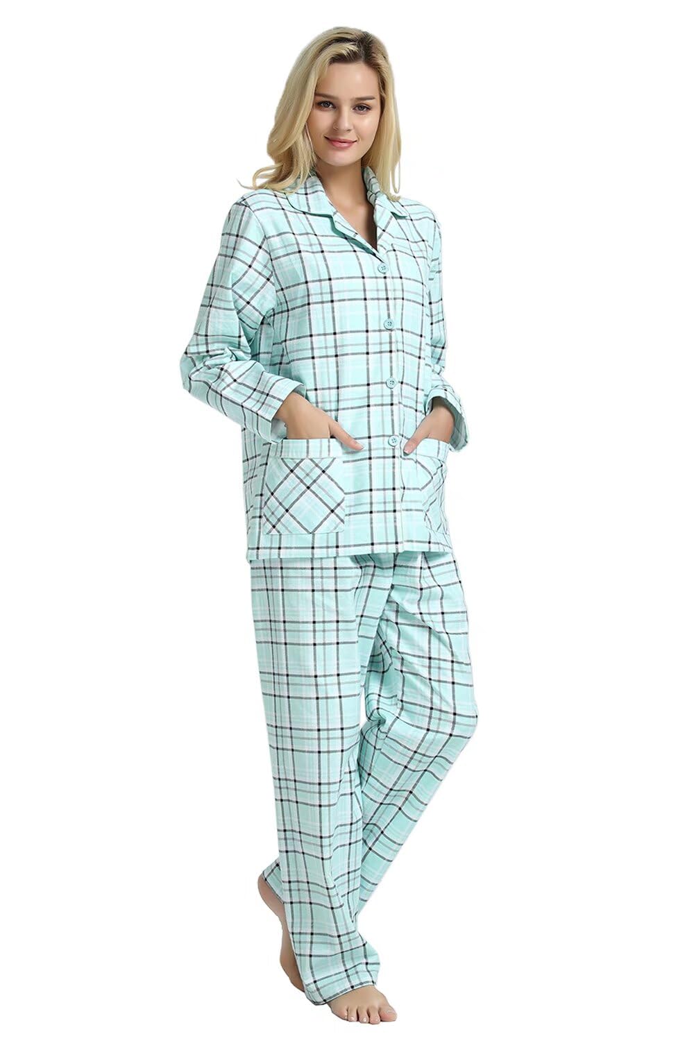 GLOBAL Women's Pyjama Sets 100% Cotton Flannel Ladies PJs Button Front Top Drawstring Bott...