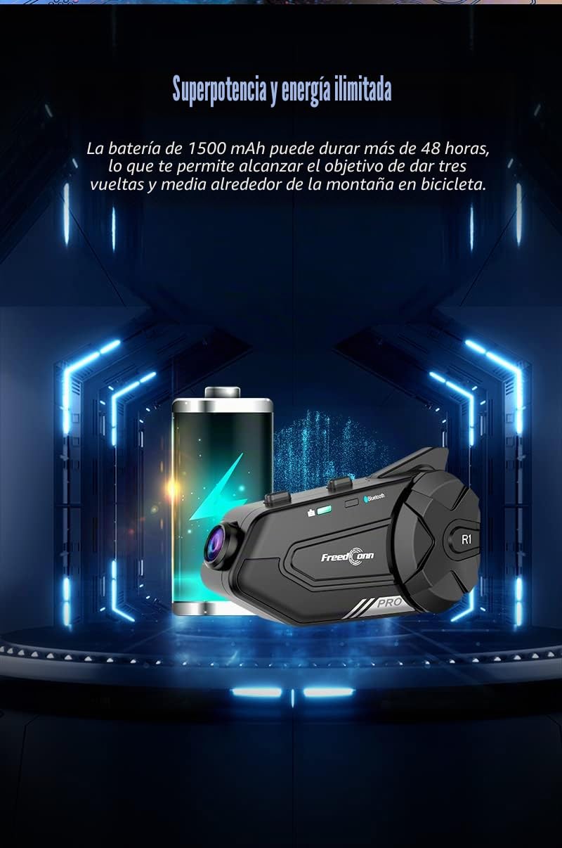 R1 Pro Auriculares bluetooth para casco de moto con cámara,6 vías 1000M intercomunicador, sistema de comunicación de la motocicleta, vídeo 2K/Siri/Música compartida/compatible con otras marcas(1Pack)