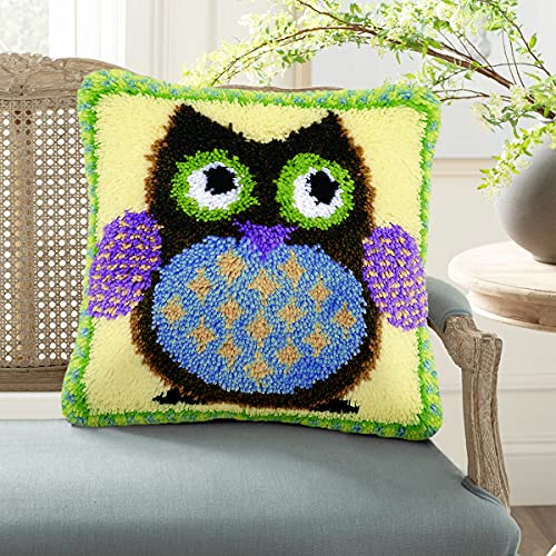 Image of clubevy DIY Latch Hook Kits Pillow Case Embroidery Carpet Set Needlework Pillow Cover Sofa Cushion Cover Craft Kits 17x17 inch (Owl)