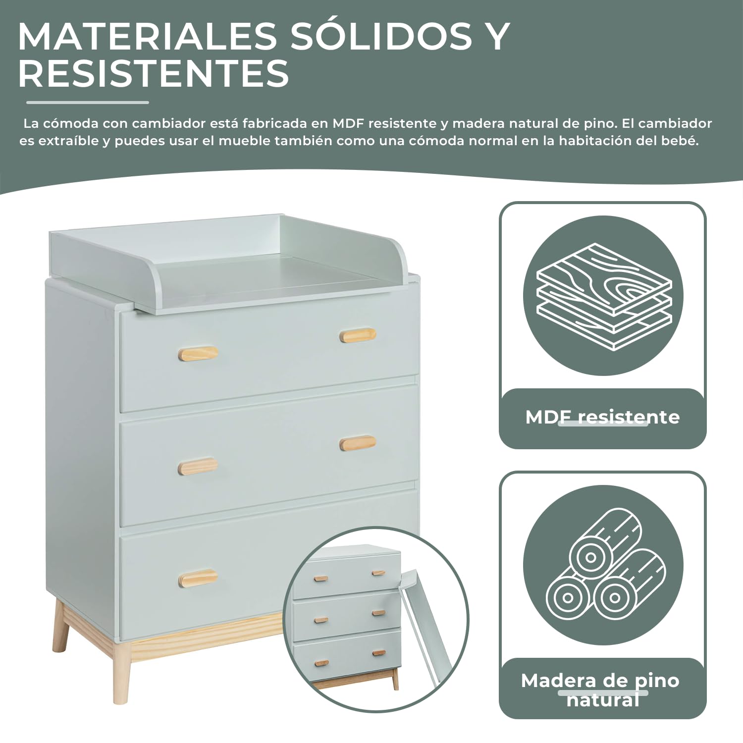Rebecca Mobili Mueble con Cambiador, Cómoda Cambiador, Verde Agua Marrón, MDF Pino, Compacto, con Cambiador Desmontable - Medidas AxAnxFon: 100 x 80 x 42 cm - Art. RE6985